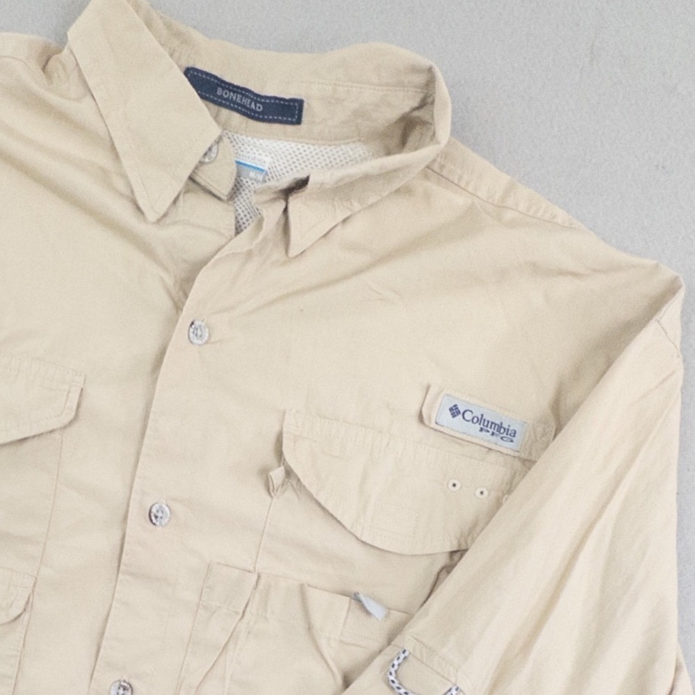 Columbia PFG Bonehead Long Sleeve Fishing Shirt Tan Mens Medium Vented